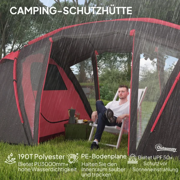 Tunnel tent, campingtent voor 4 6 personen, met 3 kamers, licht haak, groepstent met dubbele deuren, 3000mm waterafstotend familie tent, voor tuin, campingplaats, grijs 6