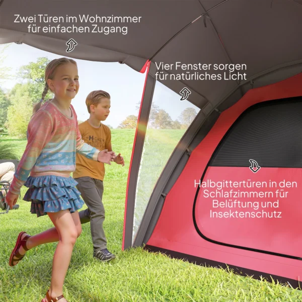Tunnel tent, campingtent voor 4 6 personen, met 3 kamers, licht haak, groepstent met dubbele deuren, 3000mm waterafstotend familie tent, voor tuin, campingplaats, grijs 7