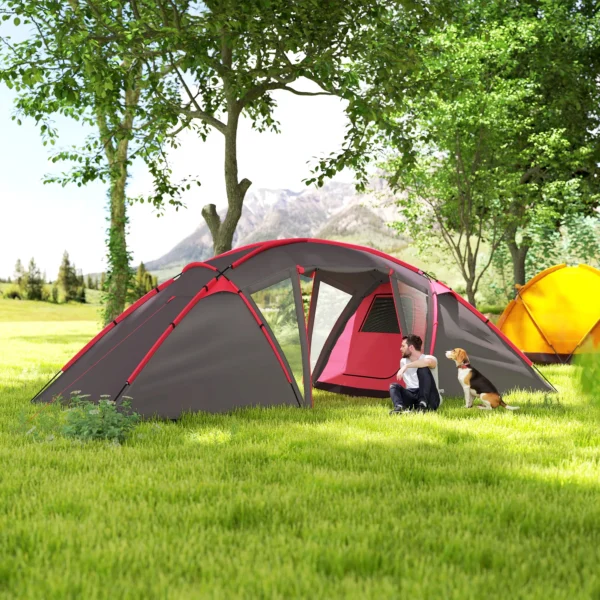 Tunnel tent, campingtent voor 4 6 personen, met 3 kamers, licht haak, groepstent met dubbele deuren, 3000mm waterafstotend familie tent, voor tuin, campingplaats, grijs 9