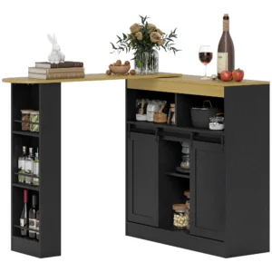 Uitschuifbare bartafel 360° draaibare eettafel met opbergruimte staande tafel bistrotafel keukentafel met 8 opbergvakken en 2 schuifdeuren voor eetkamer 187,5 x 35 x 105 cm zwart 1