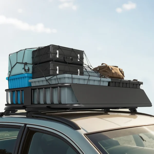Universele dakdrager met windscherm, stalen bagagerek met reling, auto bagagerek tot 90,7kg belastbaar, dakdrager dak bagagekorf voor suv trucks 110,5 x 99,5 x 18,5cm zwart 10