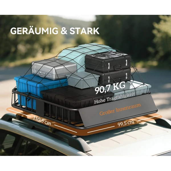 Universele dakdrager met windscherm, stalen bagagerek met reling, auto bagagerek tot 90,7kg belastbaar, dakdrager dak bagagekorf voor suv trucks 110,5 x 99,5 x 18,5cm zwart 5
