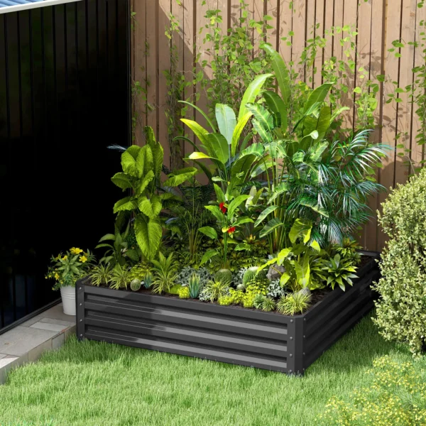 Verhoogd bloembed, bloembak, groentebed, plantenbak, kruidenbed voor tuin, terras, balkon, staal, lichtgrijs, 120 x 120 x 30 cm 10