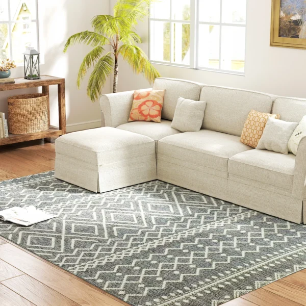 Vlakgeweven tapijt wasbaar anti slip keukentapijt met boho design voor terras balkon woonkamer & keuken, 200 x 140 cm, grijs 1