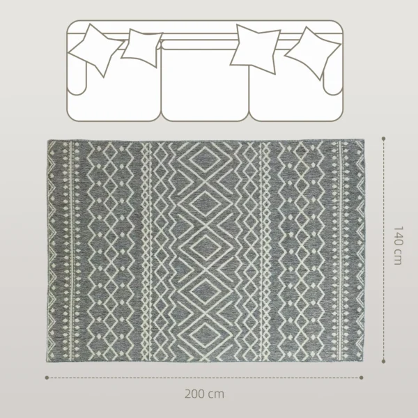 Vlakgeweven tapijt wasbaar anti slip keukentapijt met boho design voor terras balkon woonkamer & keuken, 200 x 140 cm, grijs 4