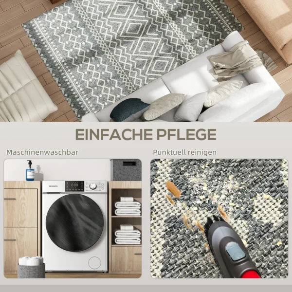 Vlakgeweven tapijt wasbaar anti slip keukentapijt met boho design voor terras balkon woonkamer & keuken, 200 x 140 cm, grijs 7
