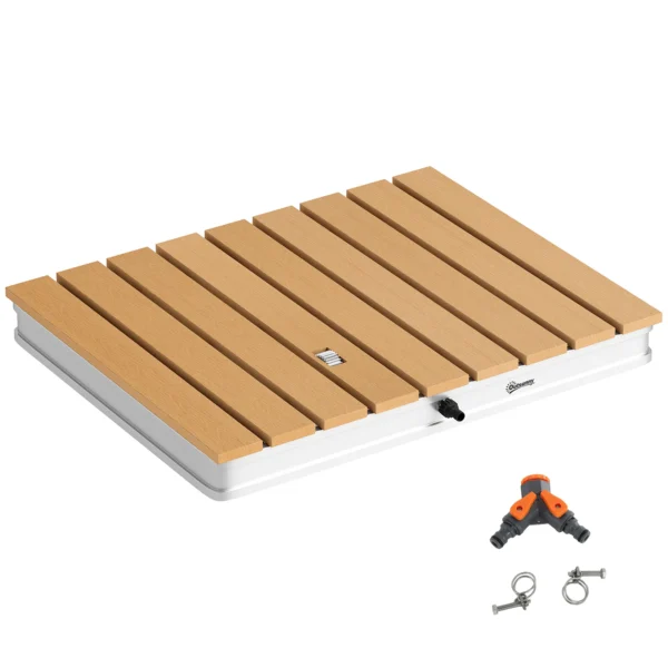Vloerdouche tuindouche met verstelbaar voetwiel aluminium buitendouche tot 4 m fonteinhoogte 70 x 55 cm saunadouche houtlook antislip weerbestendig outdoor campingdouche voor zwembad sauna 7