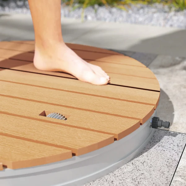 Vloerdouche tuindouche met verstelbaar voetwiel aluminium buitendouche tot 4 m fonteinhoogte Ø70,5 cm saunadouche houtlook antislip weerbestendig outdoor campingdouche voor zwembad sauna 10
