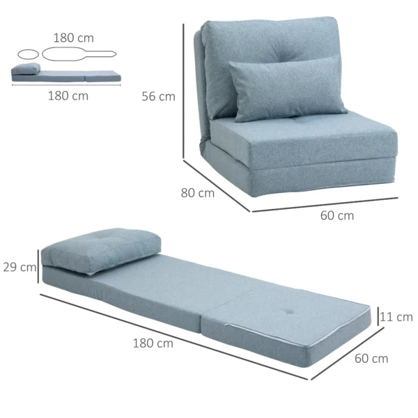 Vloerstoel 2 in 1 vouwbed met verstelbare rugleuning vloersofa met sierkussens, vloerzitkussen voor woonkamer, slaapkamer, linnen, hemelsblauw 4