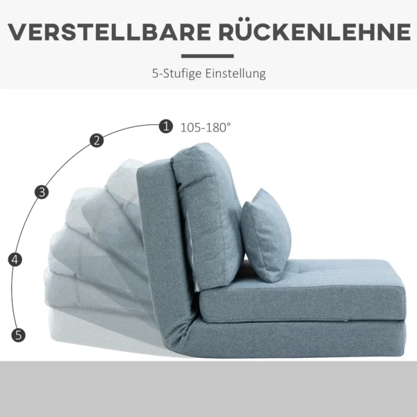 Vloerstoel 2 in 1 vouwbed met verstelbare rugleuning vloersofa met sierkussens, vloerzitkussen voor woonkamer, slaapkamer, linnen, hemelsblauw 5