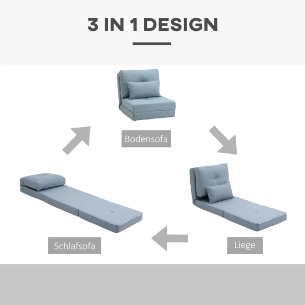 Vloerstoel 2 in 1 vouwbed met verstelbare rugleuning vloersofa met sierkussens, vloerzitkussen voor woonkamer, slaapkamer, linnen, hemelsblauw 6