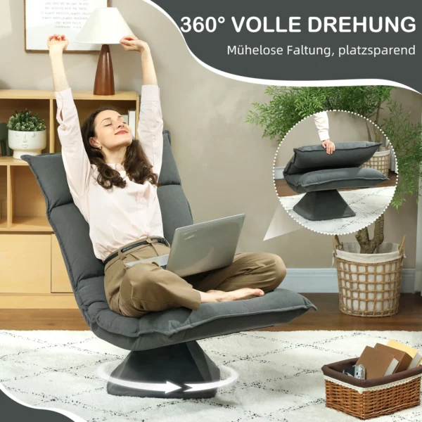 Vloerstoel 360° draaibaar vloerzetel met 5 voudig verstelbare rugleuning, opvouwbare vloersofa meditatiestoel gestoffeerd luie sofa voor woonkamer gaming & lezen donkergrijs 5