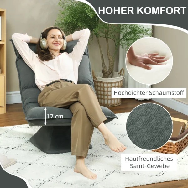 Vloerstoel 360° draaibaar vloerzetel met 5 voudig verstelbare rugleuning, opvouwbare vloersofa meditatiestoel gestoffeerd luie sofa voor woonkamer gaming & lezen donkergrijs 7