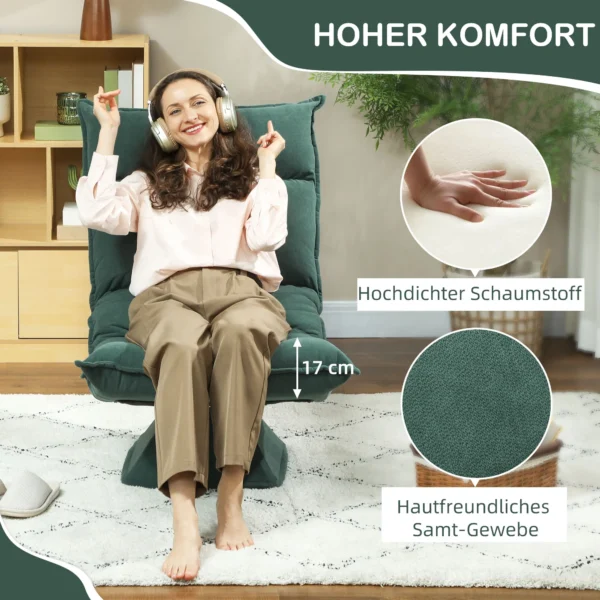Vloerstoel 360° draaibaar vloerzetel met 5 voudig verstelbare rugleuning, opvouwbare vloersofa meditatiestoel gestoffeerd luie sofa voor woonkamer gaming & lezen groen 7