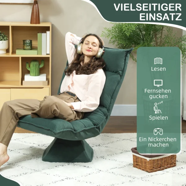 Vloerstoel 360° draaibaar vloerzetel met 5 voudig verstelbare rugleuning, opvouwbare vloersofa meditatiestoel gestoffeerd luie sofa voor woonkamer gaming & lezen groen 8
