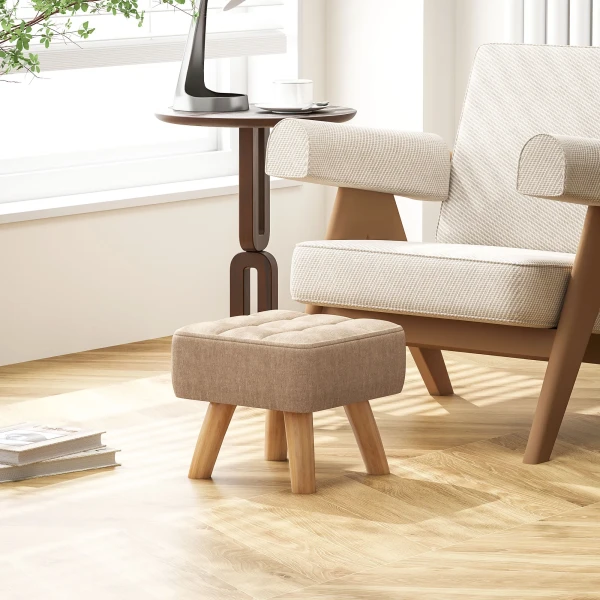 Voetenbankje kruk met linnenlook, houten poten, moderne zitkruk gestoffeerde kruk ottomaan voor slaapkamer, woonkamer, bruin 2