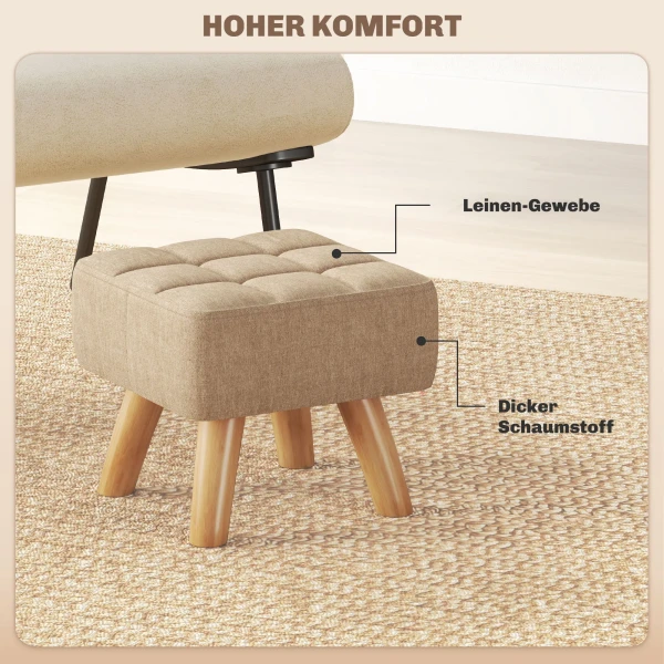 Voetenbankje kruk met linnenlook, houten poten, moderne zitkruk gestoffeerde kruk ottomaan voor slaapkamer, woonkamer, bruin 6
