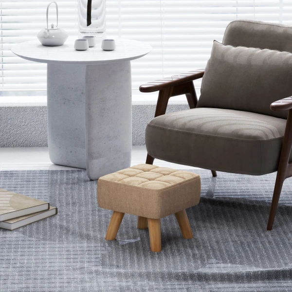 Voetenbankje kruk met linnenlook, houten poten, moderne zitkruk gestoffeerde kruk ottomaan voor slaapkamer, woonkamer, bruin 8
