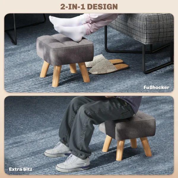 Voetenbankje krukje met linnenlook, houten poten, moderne zitkruk gestoffeerde kruk ottomaan voor slaapkamer, woonkamer, grijs 5
