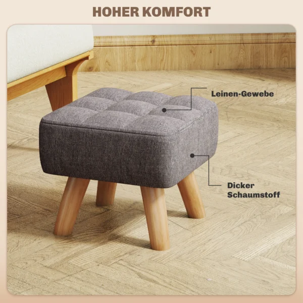 Voetenbankje krukje met linnenlook, houten poten, moderne zitkruk gestoffeerde kruk ottomaan voor slaapkamer, woonkamer, grijs 6