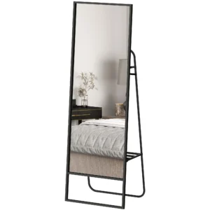 Volledige lichaamsspiegel 157 x 50 cm rechthoekige staande spiegel met plank, 2 haken en metalen frame, grote spiegel, pas spiegel voor slaapkamer, woonkamer, gang, zwart 1