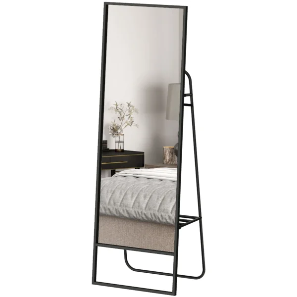 Volledige lichaamsspiegel 157 x 50 cm rechthoekige staande spiegel met plank, 2 haken en metalen frame, grote spiegel, pas spiegel voor slaapkamer, woonkamer, gang, zwart 1