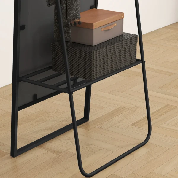 Volledige lichaamsspiegel 157 x 50 cm rechthoekige staande spiegel met plank, 2 haken en metalen frame, grote spiegel, pas spiegel voor slaapkamer, woonkamer, gang, zwart 10