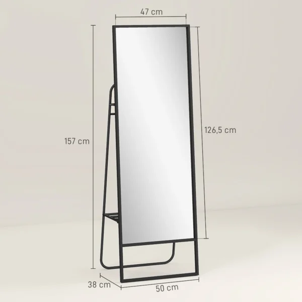 Volledige lichaamsspiegel 157 x 50 cm rechthoekige staande spiegel met plank, 2 haken en metalen frame, grote spiegel, pas spiegel voor slaapkamer, woonkamer, gang, zwart 4