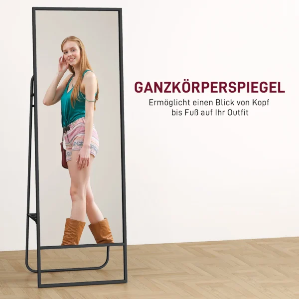 Volledige lichaamsspiegel 157 x 50 cm rechthoekige staande spiegel met plank, 2 haken en metalen frame, grote spiegel, pas spiegel voor slaapkamer, woonkamer, gang, zwart 5