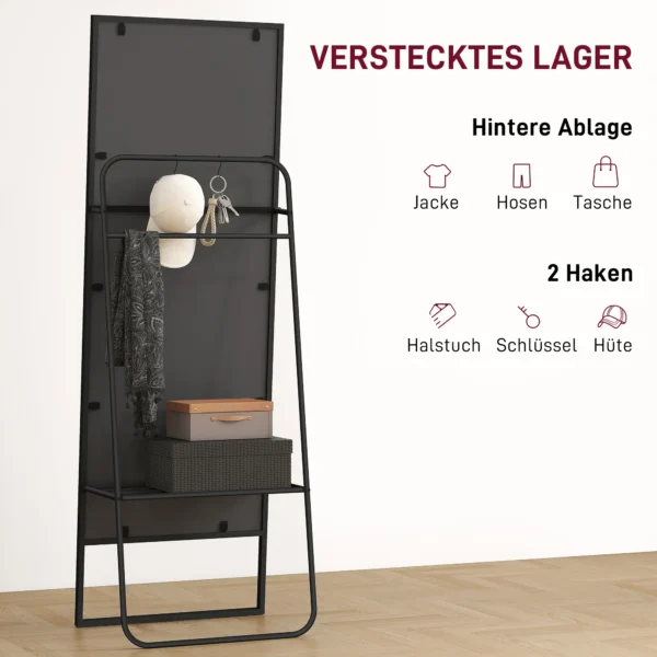 Volledige lichaamsspiegel 157 x 50 cm rechthoekige staande spiegel met plank, 2 haken en metalen frame, grote spiegel, pas spiegel voor slaapkamer, woonkamer, gang, zwart 6