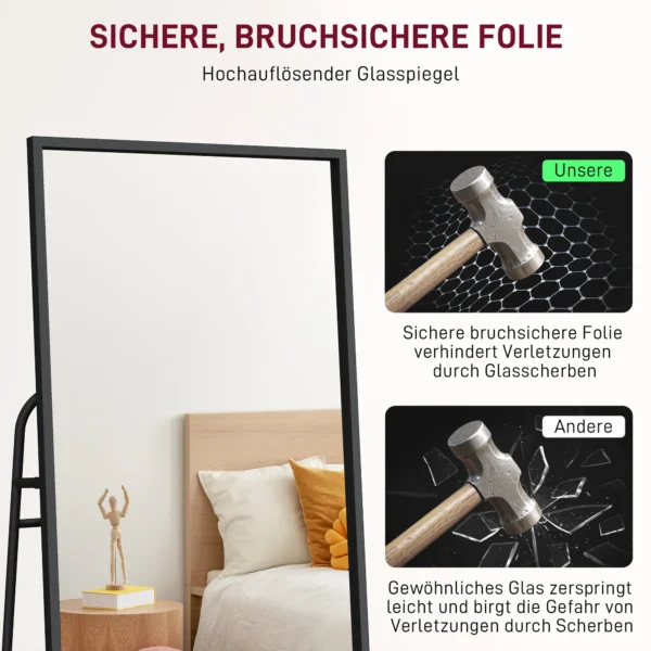 Volledige lichaamsspiegel 157 x 50 cm rechthoekige staande spiegel met plank, 2 haken en metalen frame, grote spiegel, pas spiegel voor slaapkamer, woonkamer, gang, zwart 7