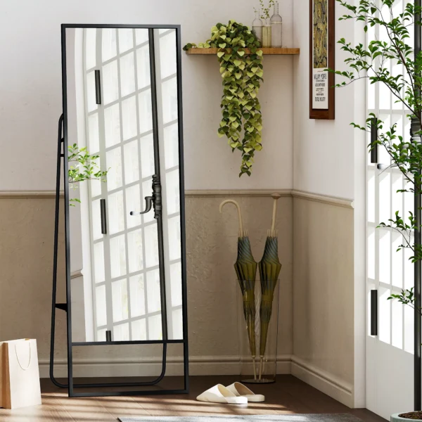 Volledige lichaamsspiegel 157 x 50 cm rechthoekige staande spiegel met plank, 2 haken en metalen frame, grote spiegel, pas spiegel voor slaapkamer, woonkamer, gang, zwart 9