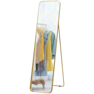 Volledige lichaamsspiegel 160 x 40 cm afslankende staande spiegel met metalen frame en breukvast glas, wandspiegel om te staan, leunen, spiegel voor woonkamer, slaapkamer, gang, goud 1
