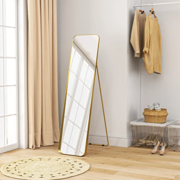 Volledige lichaamsspiegel 160 x 40 cm afslankende staande spiegel met metalen frame en breukvast glas, wandspiegel om te staan, leunen, spiegel voor woonkamer, slaapkamer, gang, goud 10