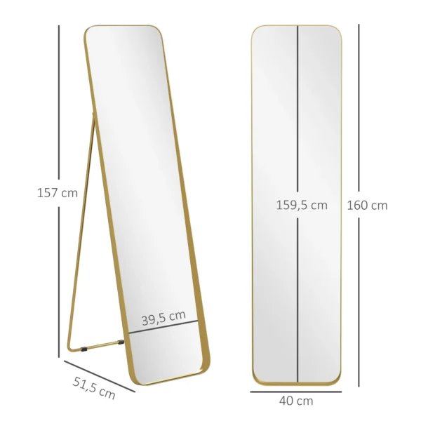 Volledige lichaamsspiegel 160 x 40 cm afslankende staande spiegel met metalen frame en breukvast glas, wandspiegel om te staan, leunen, spiegel voor woonkamer, slaapkamer, gang, goud 4