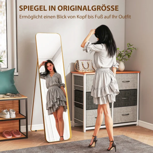 Volledige lichaamsspiegel 160 x 40 cm afslankende staande spiegel met metalen frame en breukvast glas, wandspiegel om te staan, leunen, spiegel voor woonkamer, slaapkamer, gang, goud 5
