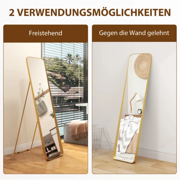 Volledige lichaamsspiegel 160 x 40 cm afslankende staande spiegel met metalen frame en breukvast glas, wandspiegel om te staan, leunen, spiegel voor woonkamer, slaapkamer, gang, goud 6