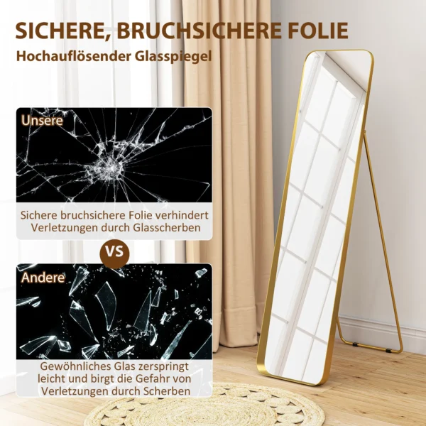 Volledige lichaamsspiegel 160 x 40 cm afslankende staande spiegel met metalen frame en breukvast glas, wandspiegel om te staan, leunen, spiegel voor woonkamer, slaapkamer, gang, goud 8