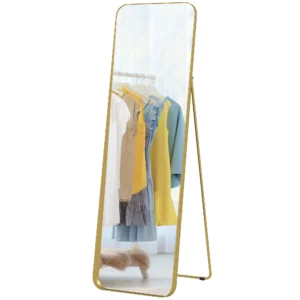 Volledige lichaamsspiegel 160 x 50 cm afslankende staande spiegel met metalen frame en onbreekbaar glas, wandspiegel om te staan, leunen, spiegel voor woonkamer, slaapkamer, gang, goud 1