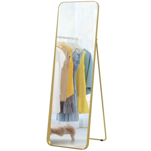 Volledige lichaamsspiegel 160 x 50 cm afslankende staande spiegel met metalen frame en onbreekbaar glas, wandspiegel om te staan, leunen, spiegel voor woonkamer, slaapkamer, gang, goud 1