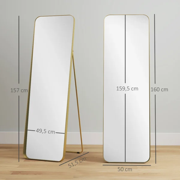 Volledige lichaamsspiegel 160 x 50 cm afslankende staande spiegel met metalen frame en onbreekbaar glas, wandspiegel om te staan, leunen, spiegel voor woonkamer, slaapkamer, gang, goud 4