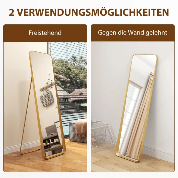 Volledige lichaamsspiegel 160 x 50 cm afslankende staande spiegel met metalen frame en onbreekbaar glas, wandspiegel om te staan, leunen, spiegel voor woonkamer, slaapkamer, gang, goud 6