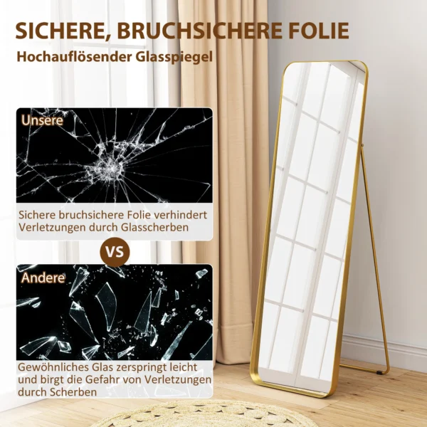 Volledige lichaamsspiegel 160 x 50 cm afslankende staande spiegel met metalen frame en onbreekbaar glas, wandspiegel om te staan, leunen, spiegel voor woonkamer, slaapkamer, gang, goud 8