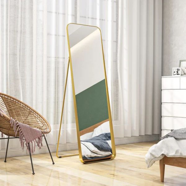 Volledige lichaamsspiegel 160 x 50 cm afslankende staande spiegel met metalen frame en onbreekbaar glas, wandspiegel om te staan, leunen, spiegel voor woonkamer, slaapkamer, gang, goud 9