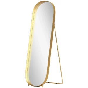 Volledige lichaamsspiegel 160 x 50 cm gebogen staande spiegel met metalen frame en breukvast glas, wandspiegel om te staan, leunen, spiegel voor woonkamer, slaapkamer, gang, goud 1