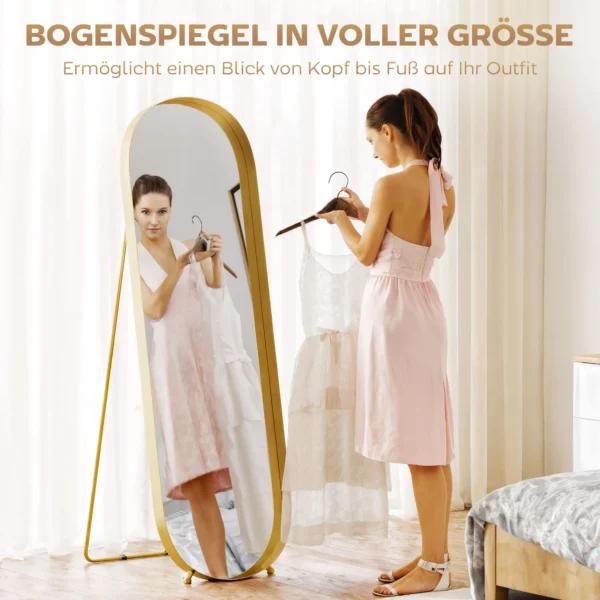 Volledige lichaamsspiegel 160 x 50 cm gebogen staande spiegel met metalen frame en breukvast glas, wandspiegel om te staan, leunen, spiegel voor woonkamer, slaapkamer, gang, goud 5