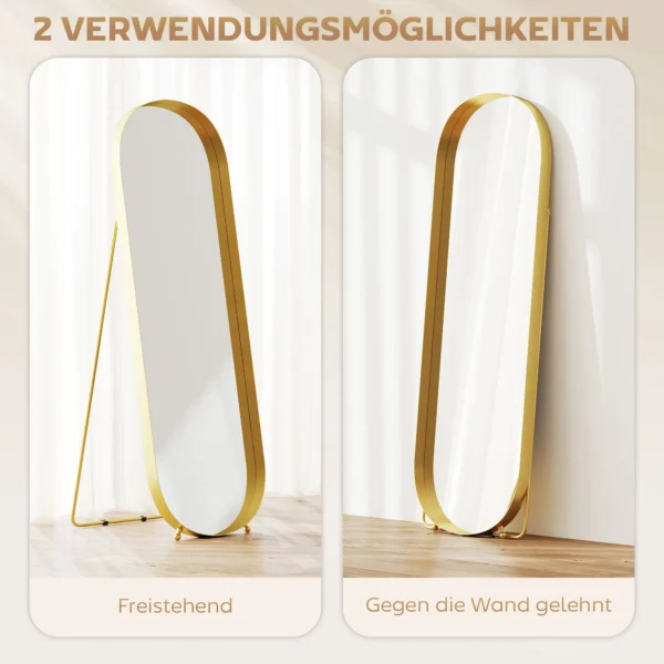 Volledige lichaamsspiegel 160 x 50 cm gebogen staande spiegel met metalen frame en breukvast glas, wandspiegel om te staan, leunen, spiegel voor woonkamer, slaapkamer, gang, goud 6
