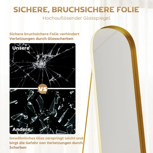 Volledige lichaamsspiegel 160 x 50 cm gebogen staande spiegel met metalen frame en breukvast glas, wandspiegel om te staan, leunen, spiegel voor woonkamer, slaapkamer, gang, goud 8