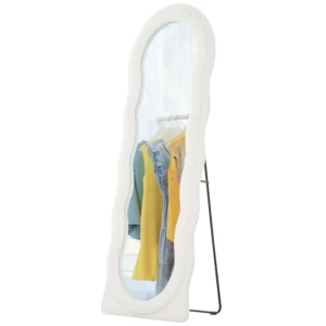 Volledige lichaamsspiegel 160 x 60 cm gebogen staande spiegel met golfontwerp breukbestendig glas fluweel frame wandspiegel spiegel vloerspiegel voor woonkamer, slaapkamer, gang, wit 1
