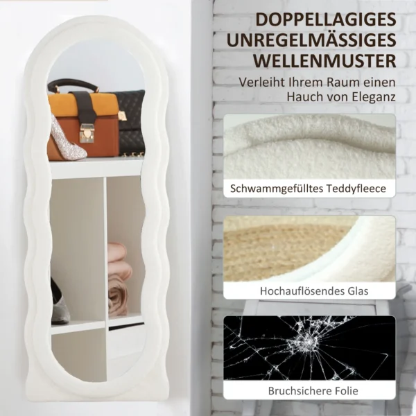 Volledige lichaamsspiegel 160 x 60 cm gebogen staande spiegel met golfontwerp breukbestendig glas fluweel frame wandspiegel spiegel vloerspiegel voor woonkamer, slaapkamer, gang, wit 6